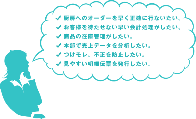 厨房へのオーダーを早く正確に行ないたい。｜お客様を待たせない早い会計処理がしたい。｜商品の在庫管理がしたい。｜本部で売上データを分析したい。｜つけモレ、不正を防止したい。｜見やすい明細伝票を発行したい。